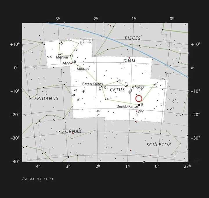 Localização no céu do exoplaneta LHS 1140b, na constelação de Cetus (ou a Baleia).