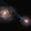 Post thumbnail of Justa cósmica entre galaxias: el cuásar de una atraviesa a su rival con radiación
